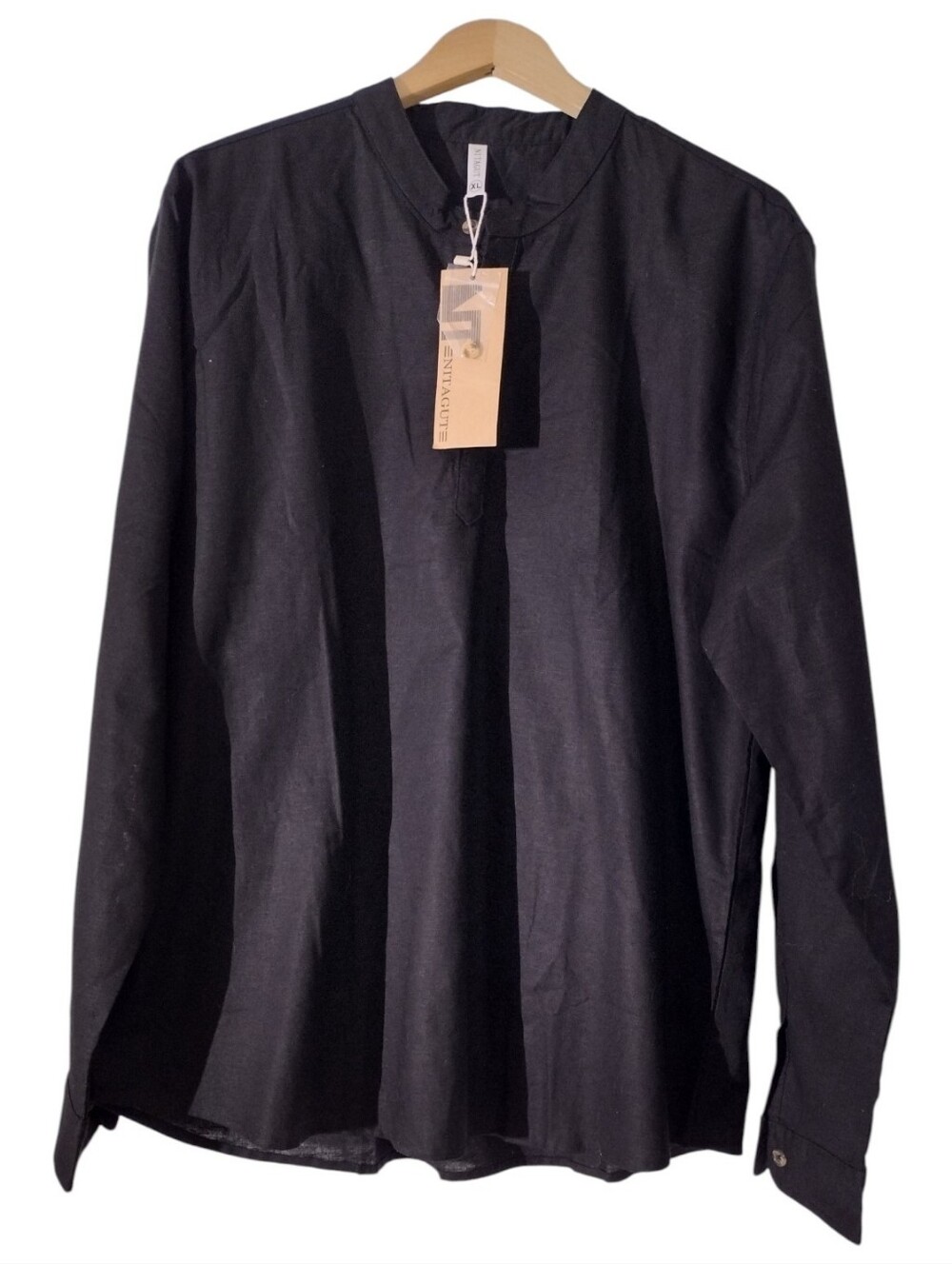 Men's Black Collarless Long-Sleeve Shirt Jacket
